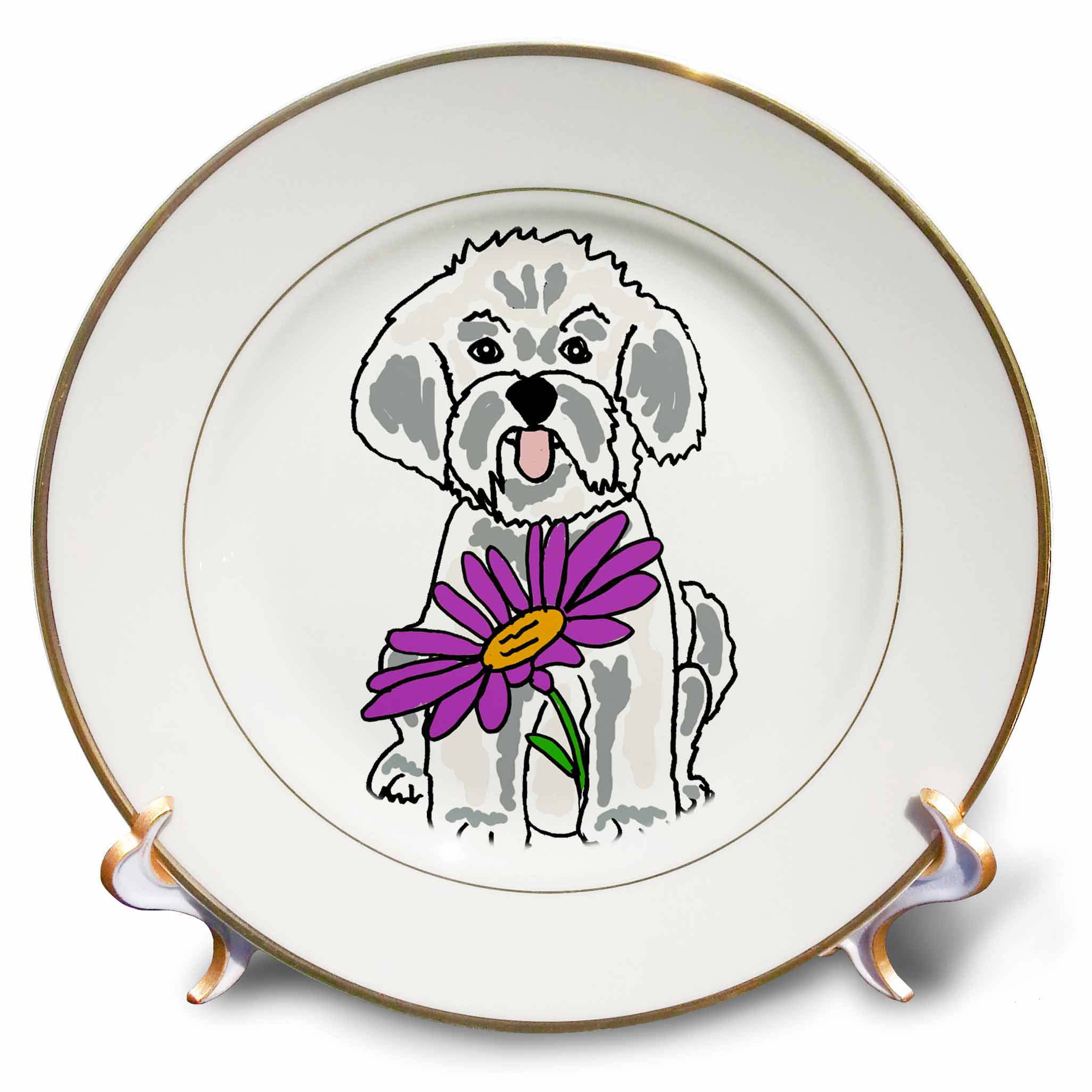 East Urban Home Funny Cool Bichon Frise Puppy Dog With Daisy Flower Porcelain Decorative Plate Wayfair