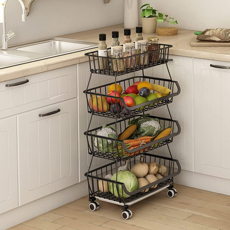 Fruit Basket For Kitchen, Wire Storage Basket With Wheels, Fruit And Vegetable Storage Cart, Vegetable Bins For Onions And Potatoes, Black