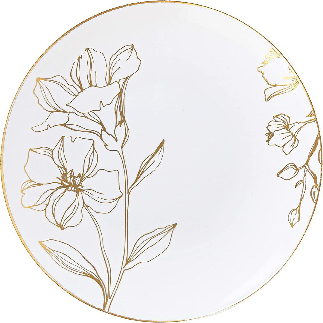 Fina Lieve White Plastic Floral Design Party Plates With Gold Rim