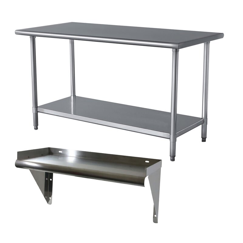 Stainless Steel Work Table and Adjustable Galvanised Metal Work Shelf Set