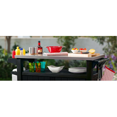 Arrilla Bar Cart Portable Outdoor Table Made of Durable Wood-look Resin And Stainless Steel Countertop Ideal For Kitchen Prep and Grilling