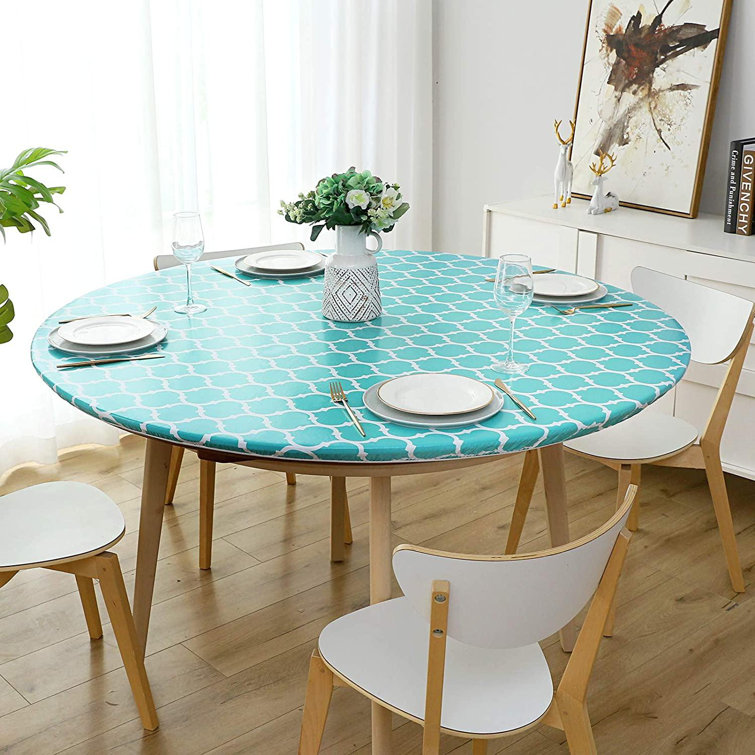Red Barrel Studio Round Fitted Vinyl Tablecloth Elastic Edged Flannel Backed Tablecloth Waterproof Wipeable Teal Moroccan Trellis Pattern Table Cloth For Outdoor Indoor Room Wayfair