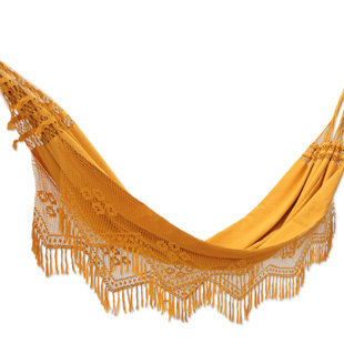 Go to store & view more images Double Person Fair Trade Summertime Sunsets' Hand-Woven Brazilian Sustainable Cotton with Crocheted Fringes Indoor And Outdoor Hammock by Novica
