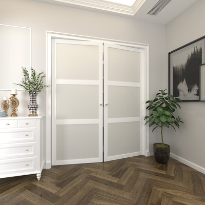 paneled manufactured wood and glass pivot-french door with installation hardware kit