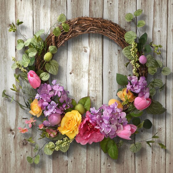 Wall Hanging Spring Decoration Wedding Decor Orchid & Ivy 18 Inch Modern Hoop Floral Wreath with Cotton Balls and Greenery 