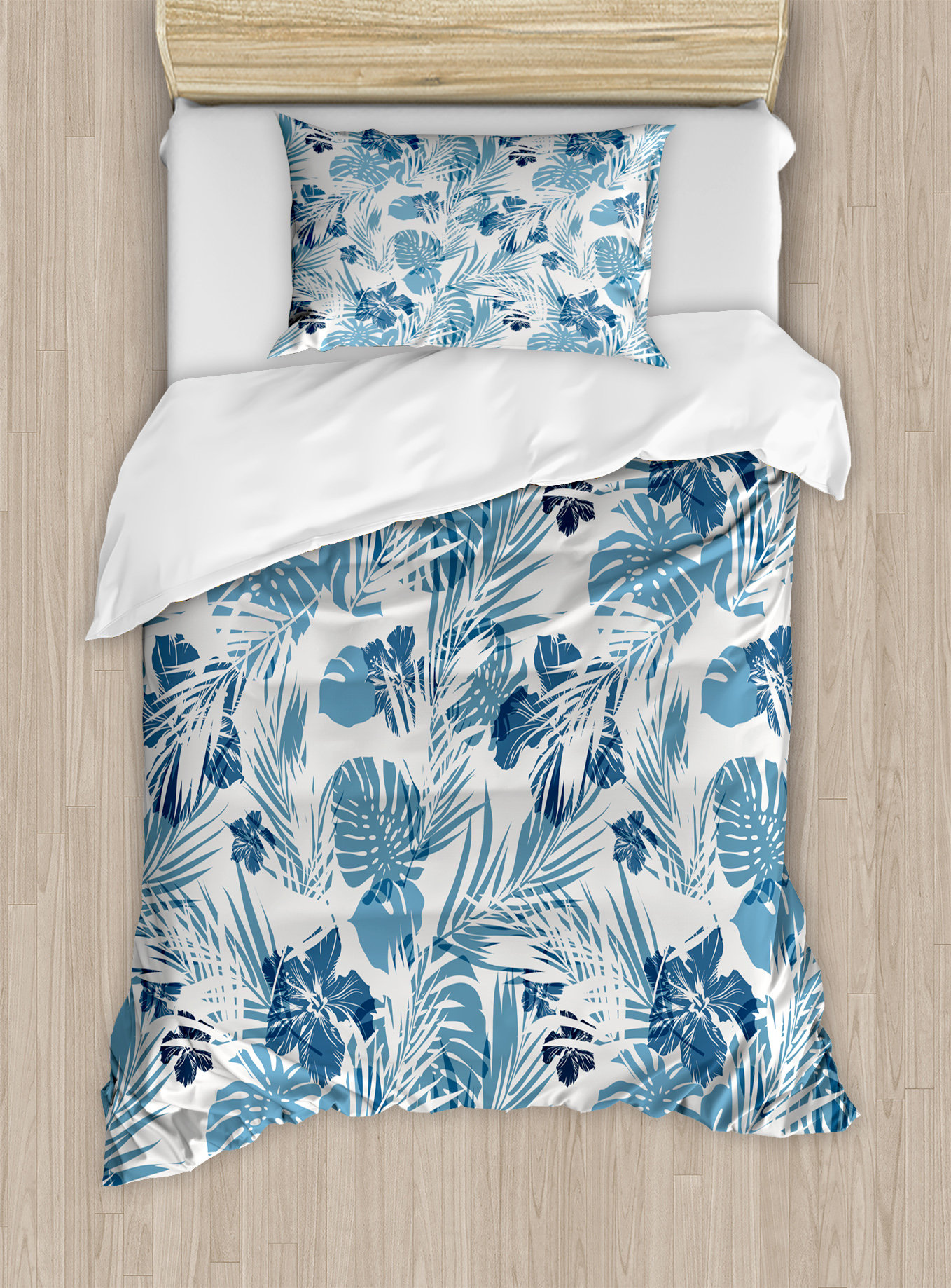 Dark Blue and Sky Blue Hibiscus Hawaiian Tropical Island Flowers Petals and Buds Leaves Art Print Decorative Bedding Scarf and a Pillow Sham for Hotels Homes Ambesonne Navy Bed Runner Set