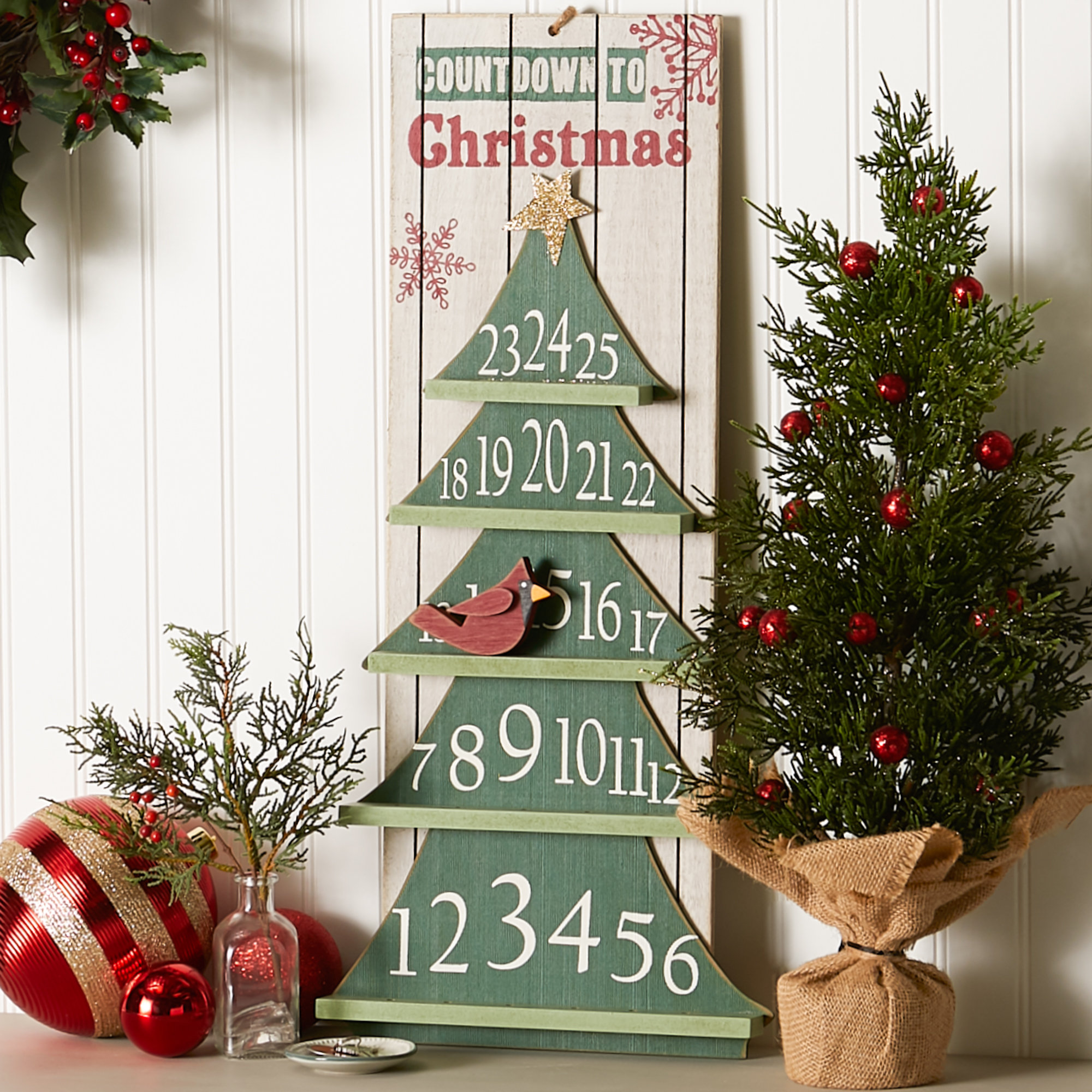 Set of 3 Countdown to Christmas Wooden Hanging  Tree Decorations 