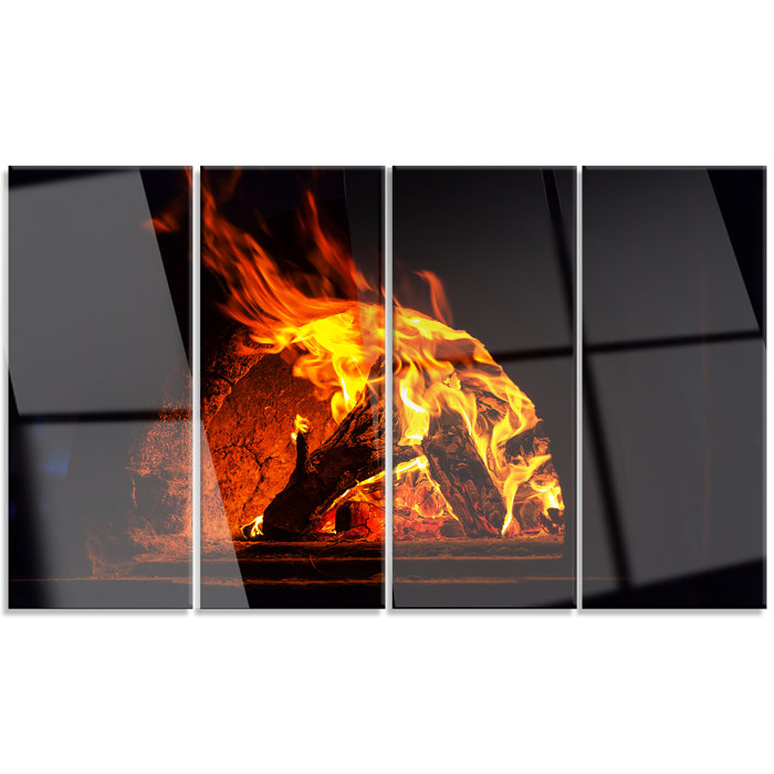 Designart Wood Stove With Fire And Blaze 4 Piece Graphic Art On