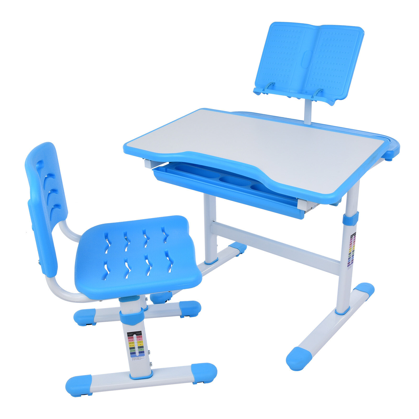 Kids Study Desk and Chair Set,Height Adjustable Study Desk and Chair Set with Tilted Desktop and Drawer,Kids Interactive Workstation Blue