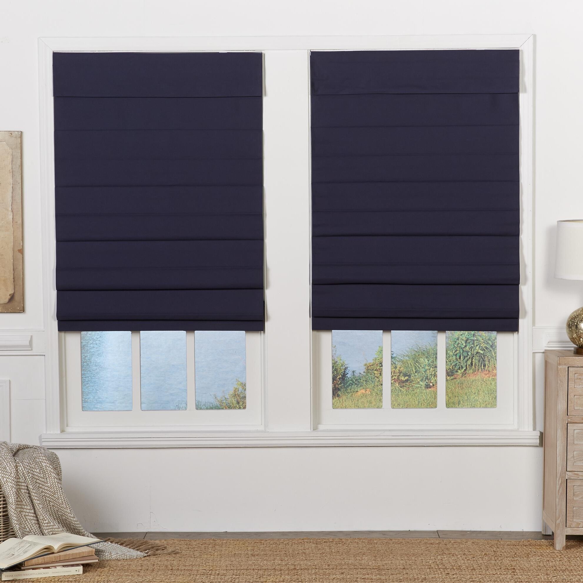 ChadMade Customize Neutral Trellis Roman Shade Blue Blackout Light Filtering Roman Shade Blinds for Bedroom Window French Door Small Window Faux Linen Thea Collecction Install Hardware Included
