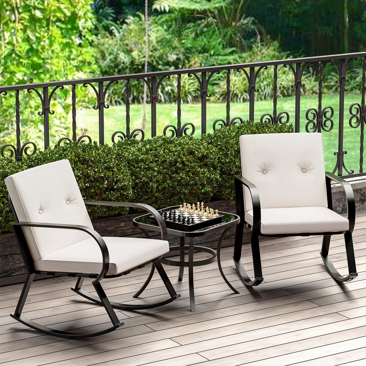 patio table with rocking chairs