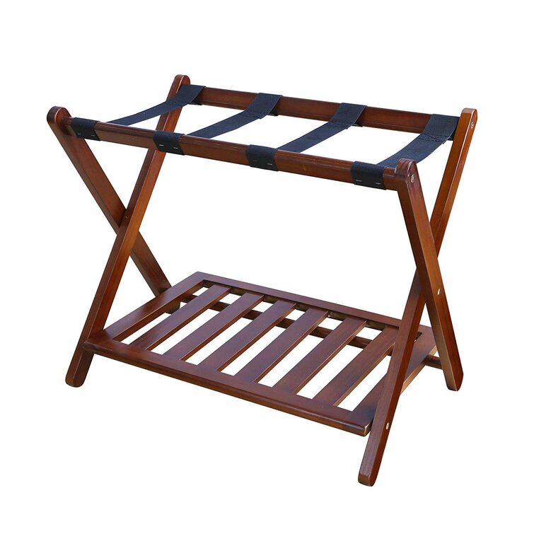 Walnut Dark Wood woodluv Bamboo Foldable Home Suitcase Backpacks Luggage Racks Holder Stand with Shoe Shelf Perfect for your Visitors and Guest Bedroom