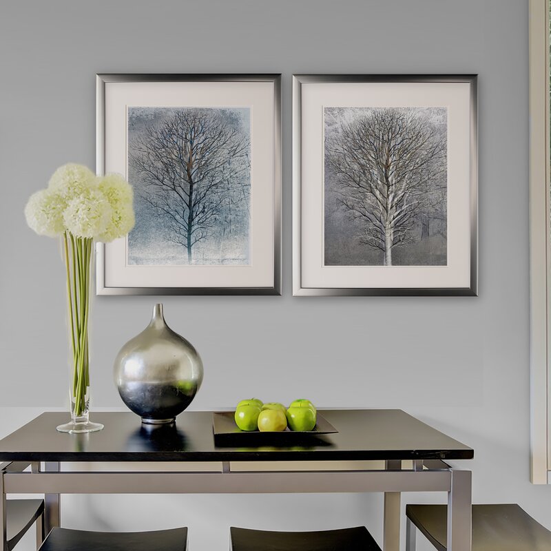 Silver Wall Decorations - 'Silver Tree' 2 Piece Framed Graphic Art Print Set