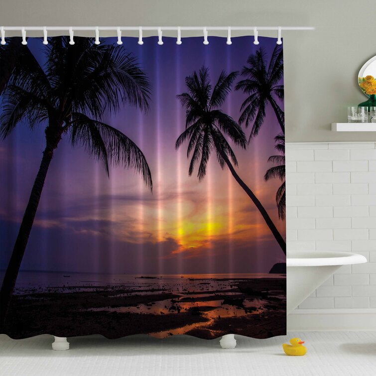 Summer Holiday and Beach Vintage Style Picture Print Ambesonne Palm Trees Sunset Decor Collection Polyester Fabric Bathroom Shower Curtain Set with Hooks Green Blue Ecru Cream 69 W By 70 L