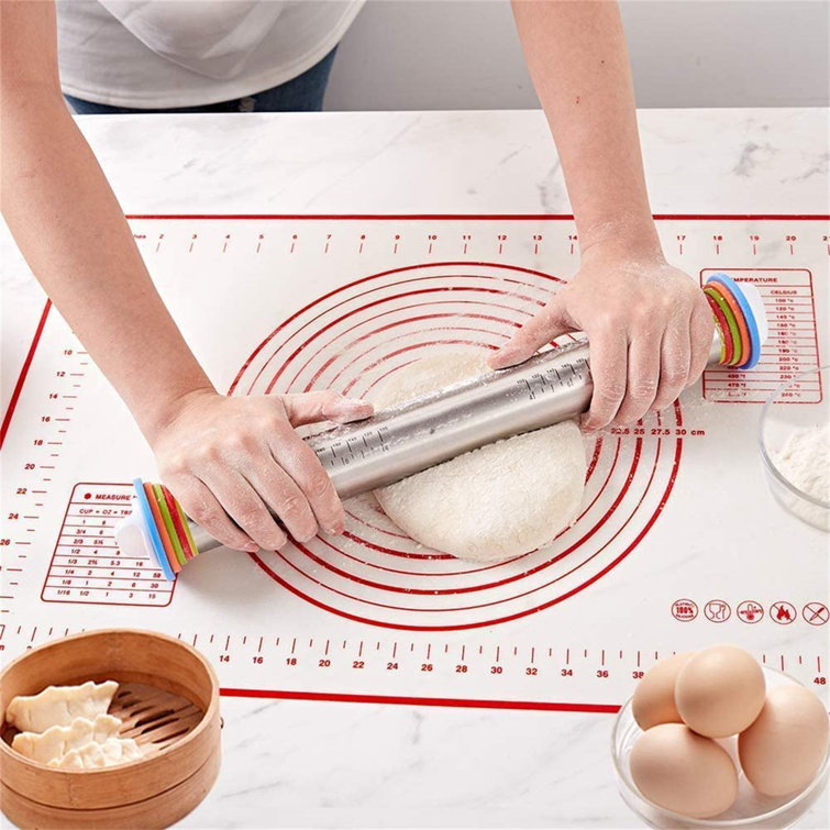 Pasta Pizza ENLOY Stainless Steel Adjustable Roller Pin with 4 Removable Thickness Rings and Silicone Red Pastry Mat for Baking Dough Pie Rolling Pin Cookies Pastries 