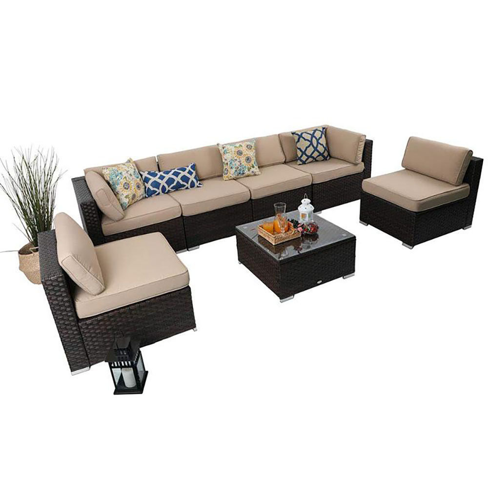 Highland Dunes Connally 7 Piece Rattan Sectional Seating Group With Cushions Reviews Wayfair