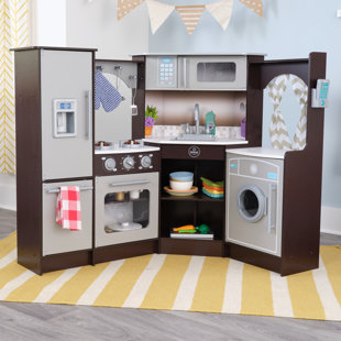 Espresso/Gray 39 x 28 x 35 Inches Basics Kids Corner Wooden Kitchen Playset with Interactive Doors Knobs and Lights 