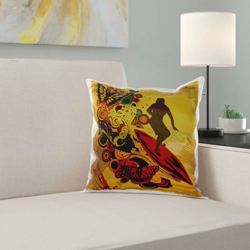 East Urban Home Woman Surfer Pop Art And Butterflies Summer Design Pillow Cover Wayfair
