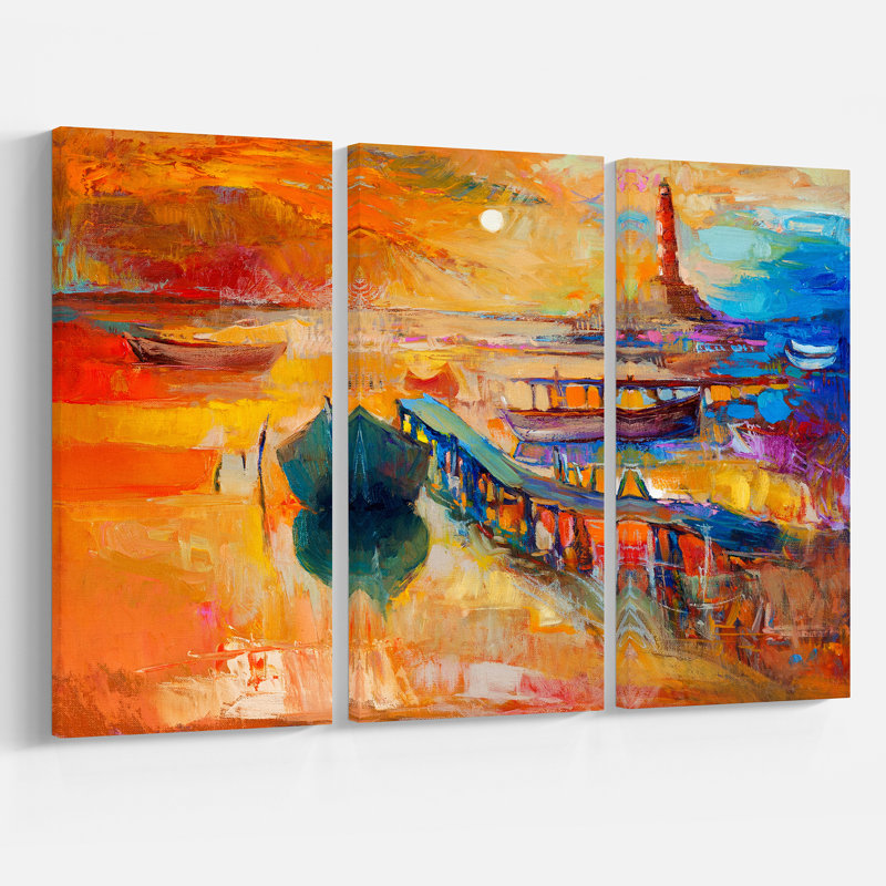 East Urban Home Fishing Boat And Lighthouse At Golden Sunset Oil
