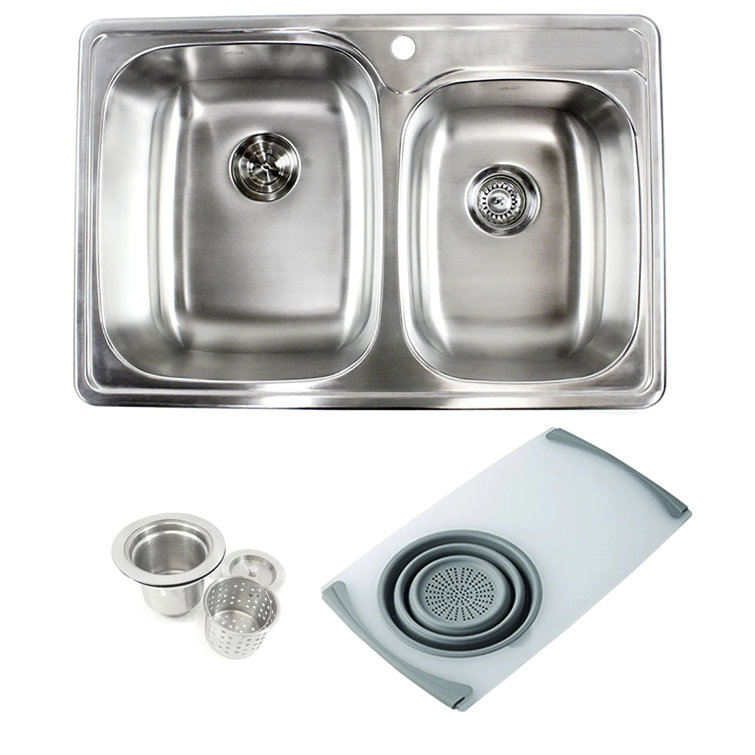 Topmount Drop-in Stainless Steel 33-1/8 In X 22 In X 9 In 1 Faucet Hole  60/40 Offset Double Bowl Kitchen Sink W Cutting Board Colander & Strainer