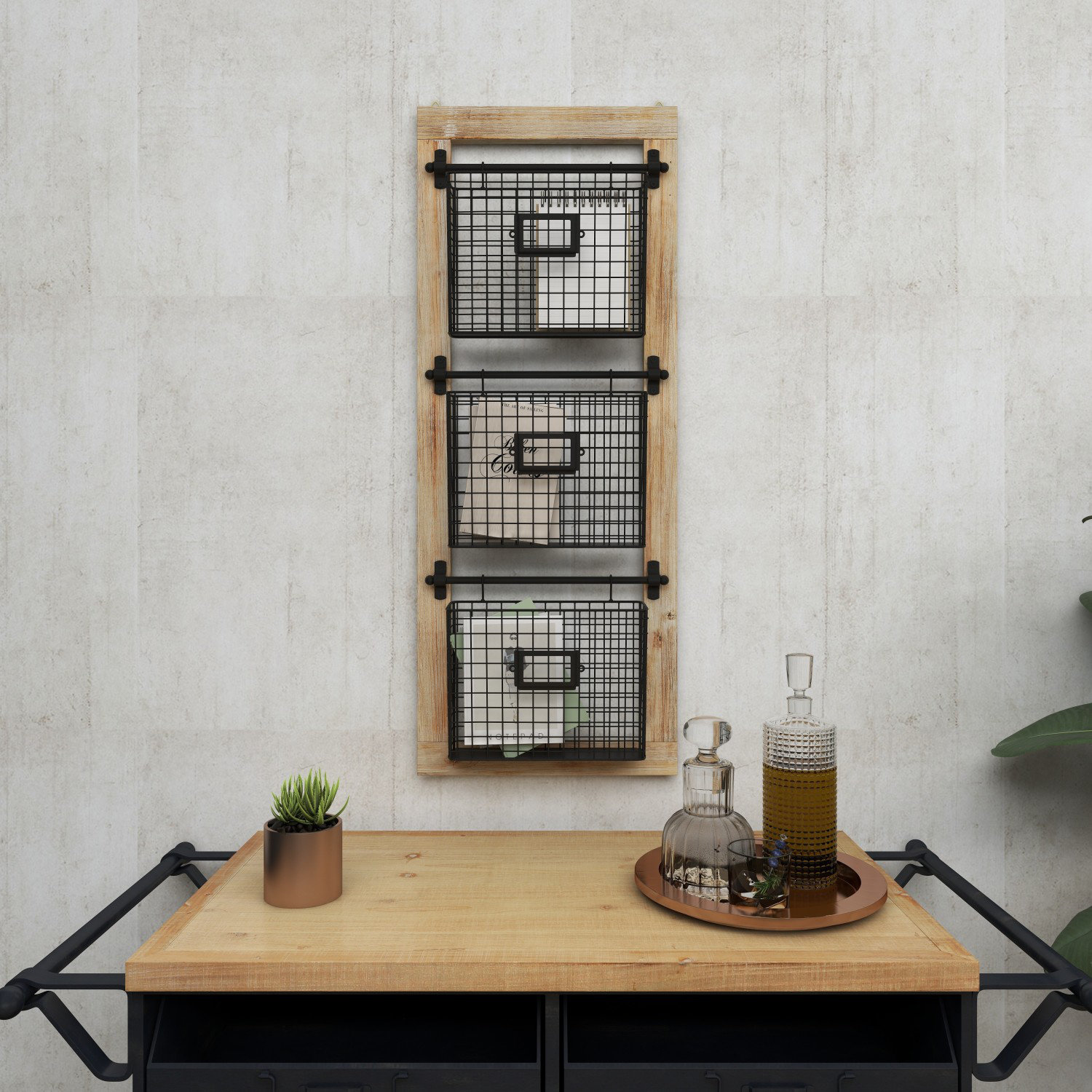 Gracie Oaks Haubert 36" H x 14" W x 4" D Industrial 3Tier Basket Wall