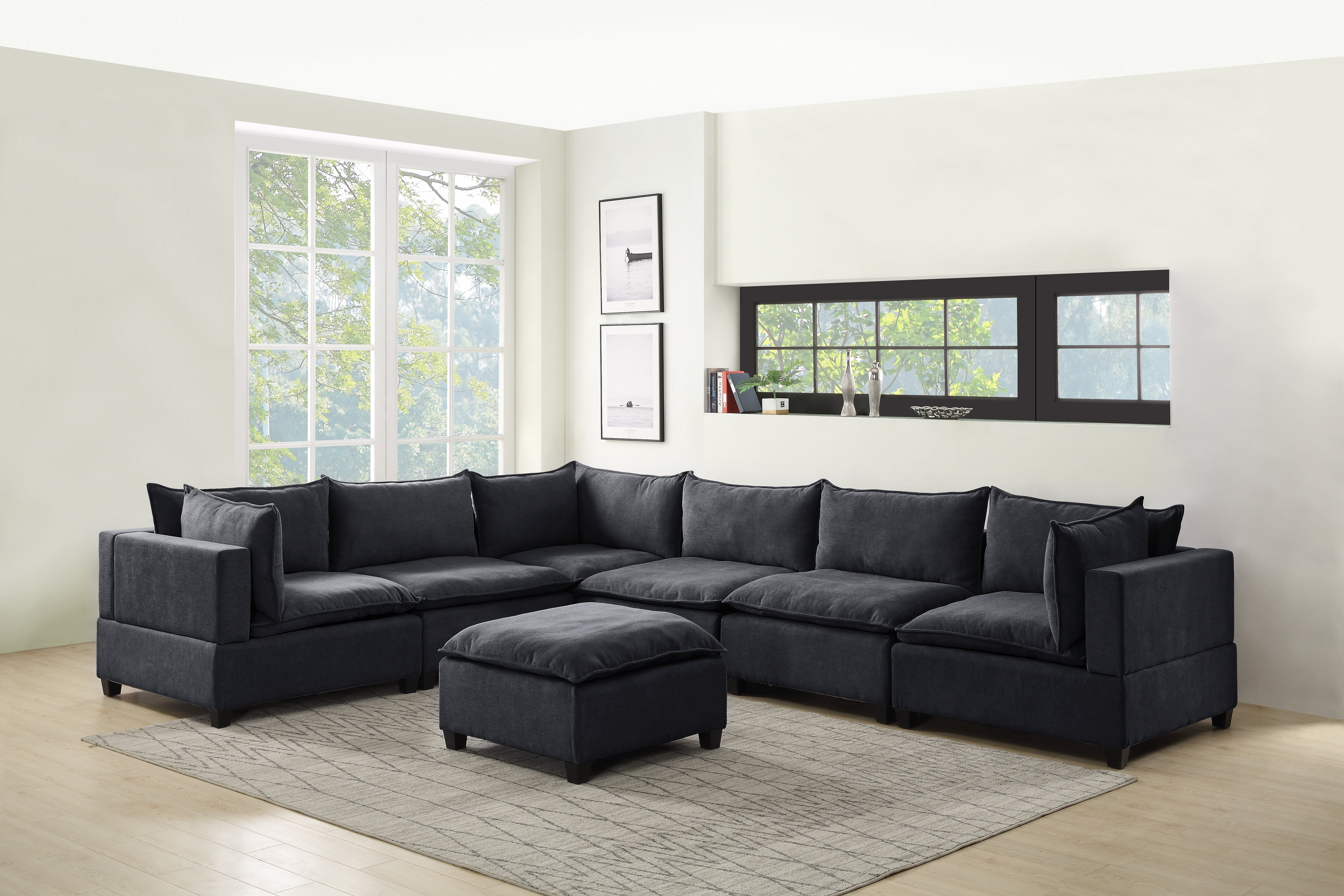 Black Modular Sectional Sofas Microsuede Linen-like with Ottoman for Living Room 