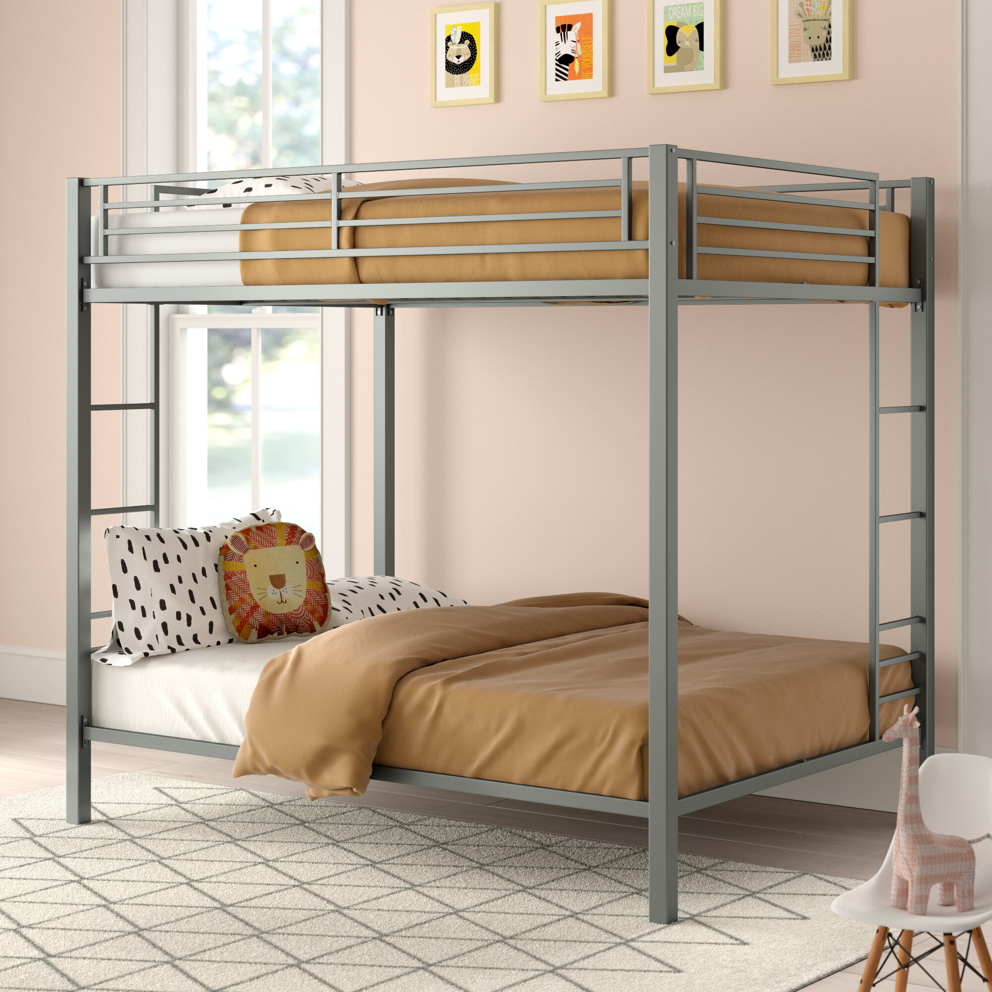 Twin Loft Bed Metal Frame Kids Bedroom Furniture Ladder Boys Girls Guardrails 