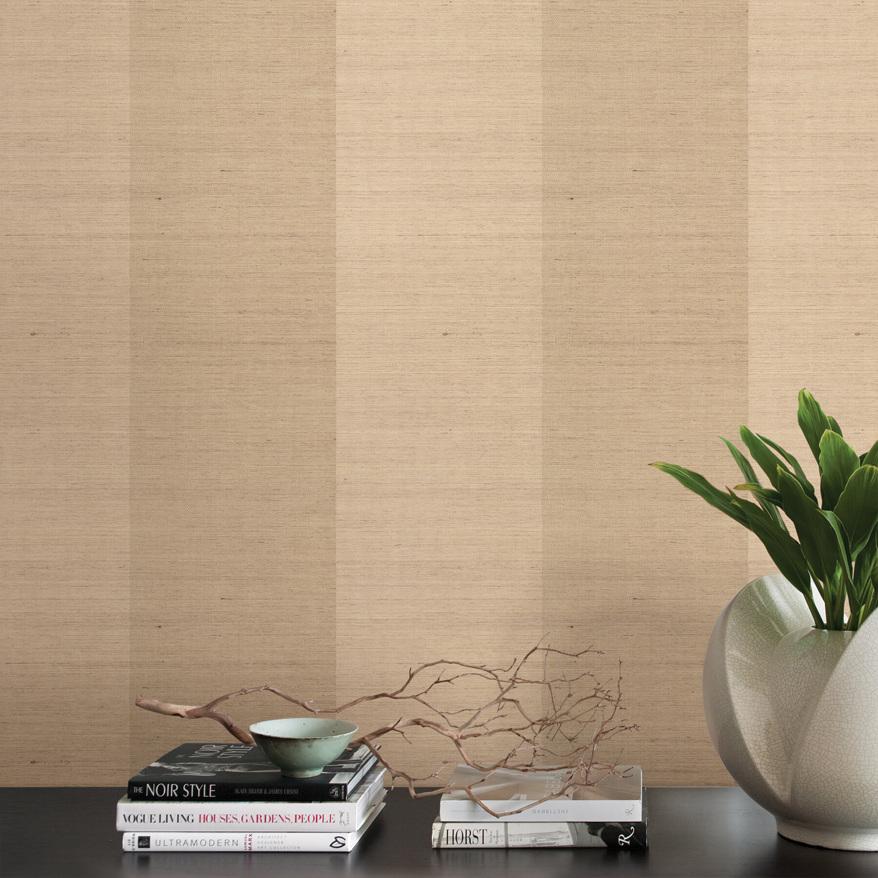 Wallpaper Echo Design Beige on Cream Damask  Real Grasscloth Weave