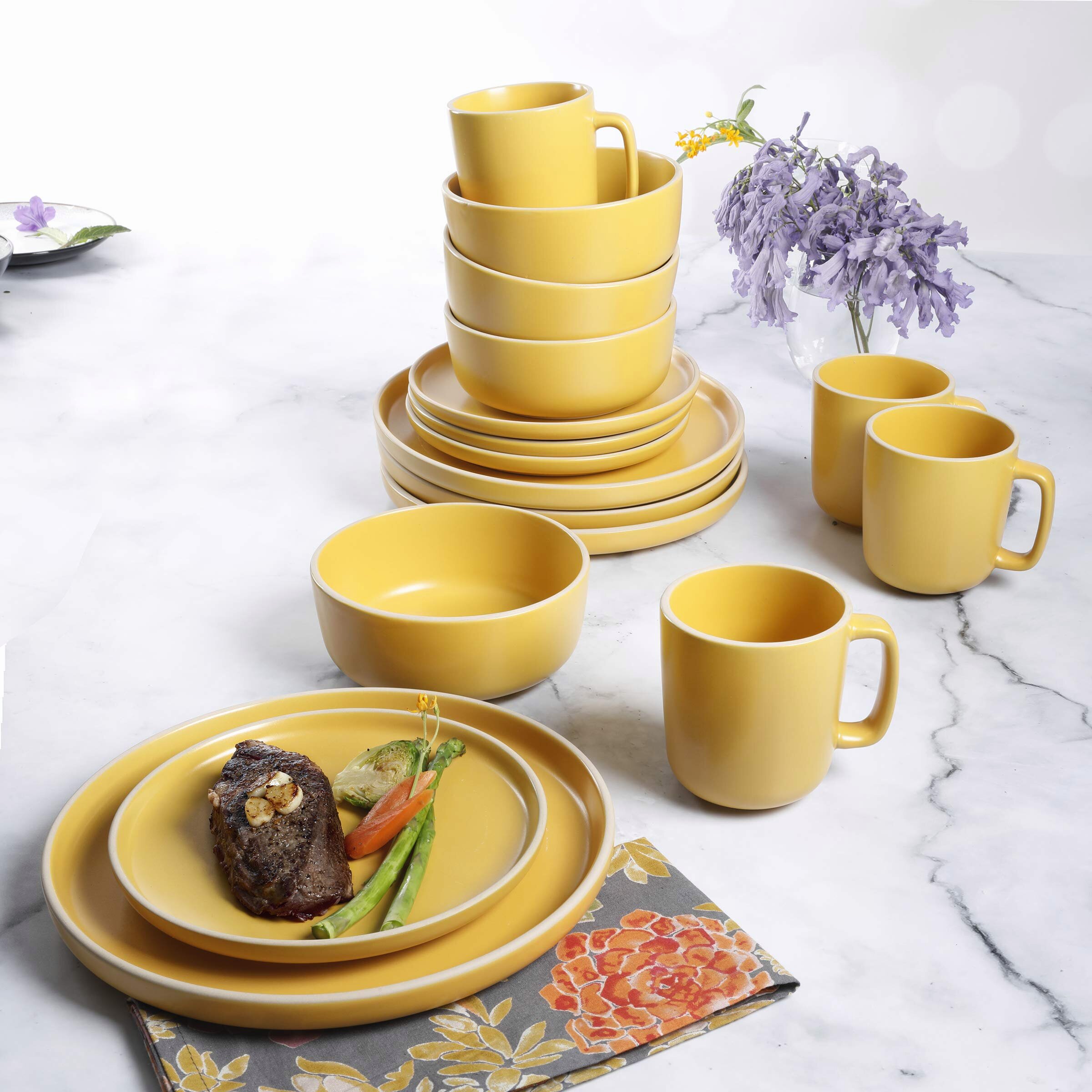 16 Piece Dinnerware Set Round Stoneware Plates Dishes Service Bowls Mugs Kitchen 