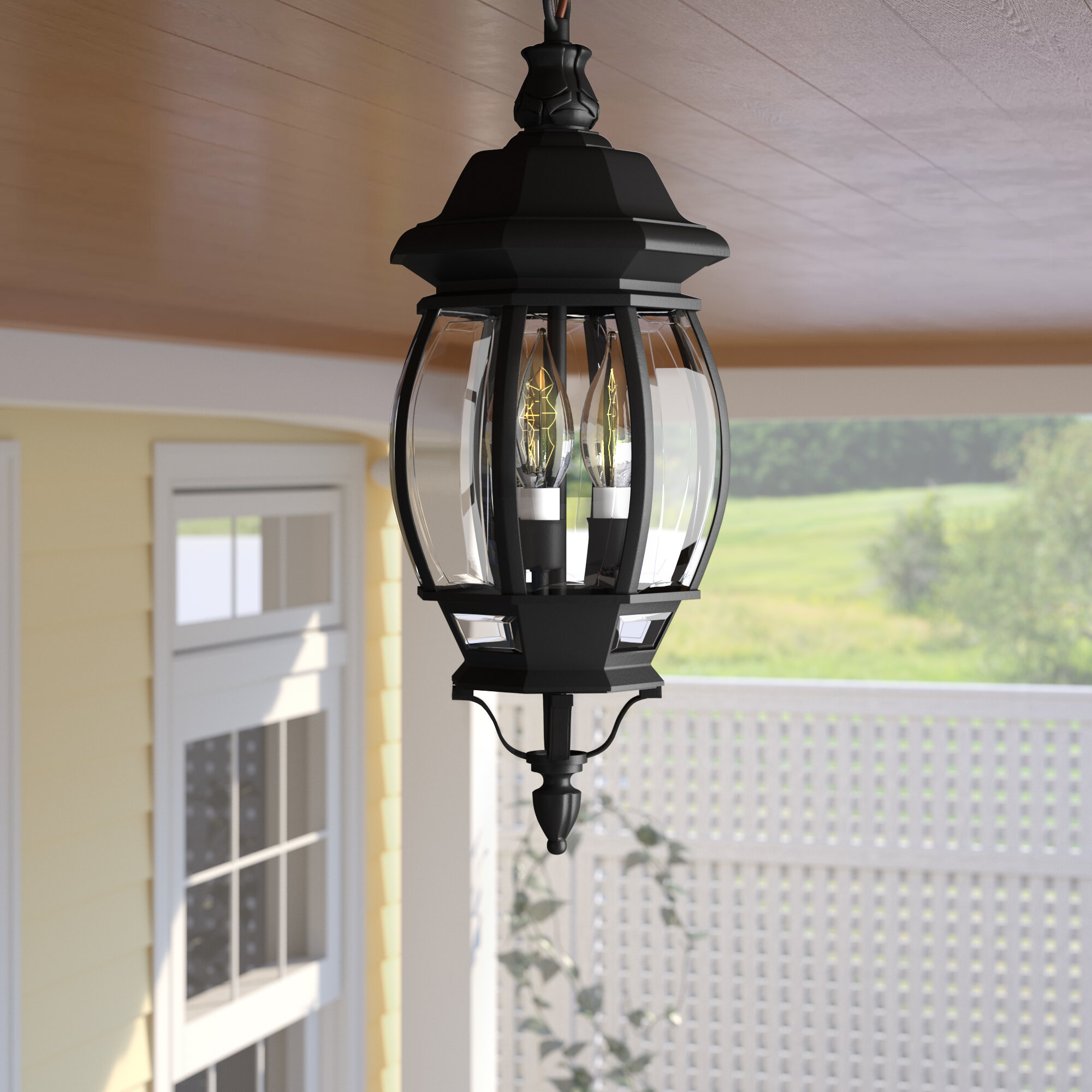 15" Golden Black Outdoor Hanging Pendant Lighting Fixture Exterior Porch Lantern 