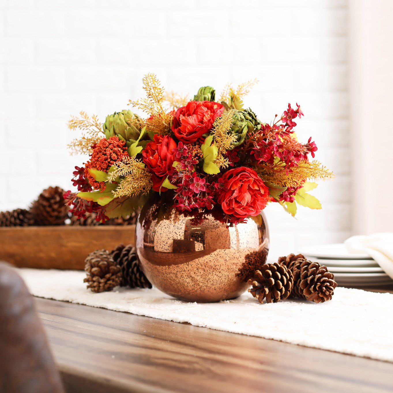 Darbycreektrading Paprika Ranunculus Dried Artichoke Rust Wildflower Fall Floral Arrangement Centerpiece In Bronze Glass Vase Wayfair