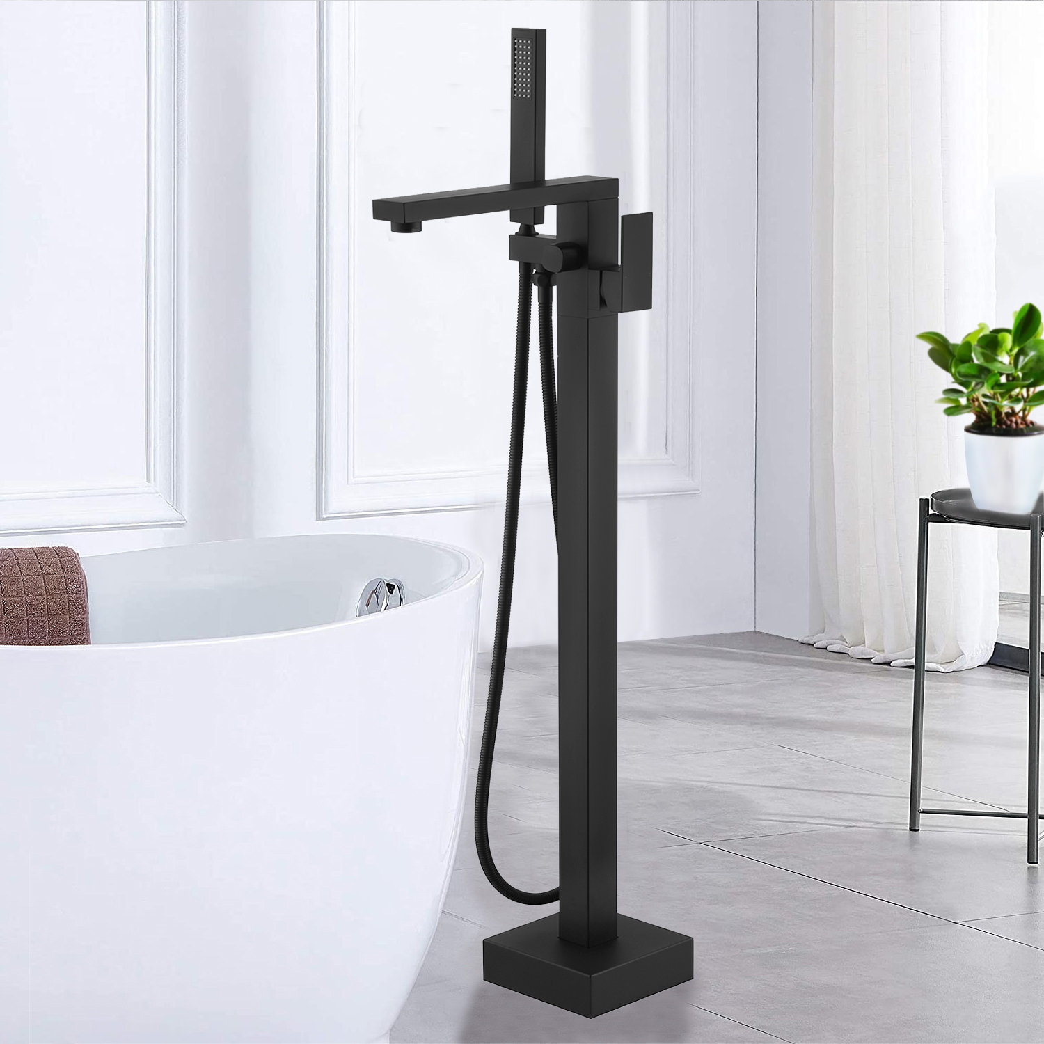 Free Standing Bathtub Faucet Tub Filler With Hand Shower Floor Mount Mixer Tap 