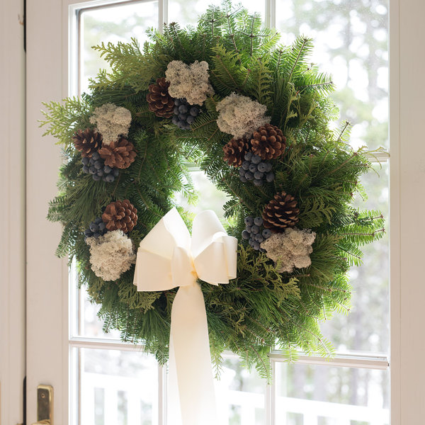 Blue Bow, Fabric Makes a Great Gift HARBOR FARM EST.1986 Fresh Real Blueberry Christmas Wreath for Front Door Lasts Through The Holiday Season Arrives in Red Gift Box
