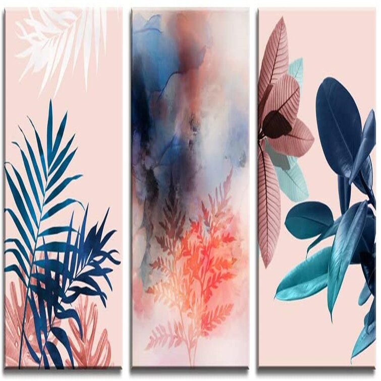 Illustration Print Digital Design Entryway Art Pink Abstract Shape Modern Home Decoration Painting Set of 3 Watercolor Green Leaf Wall