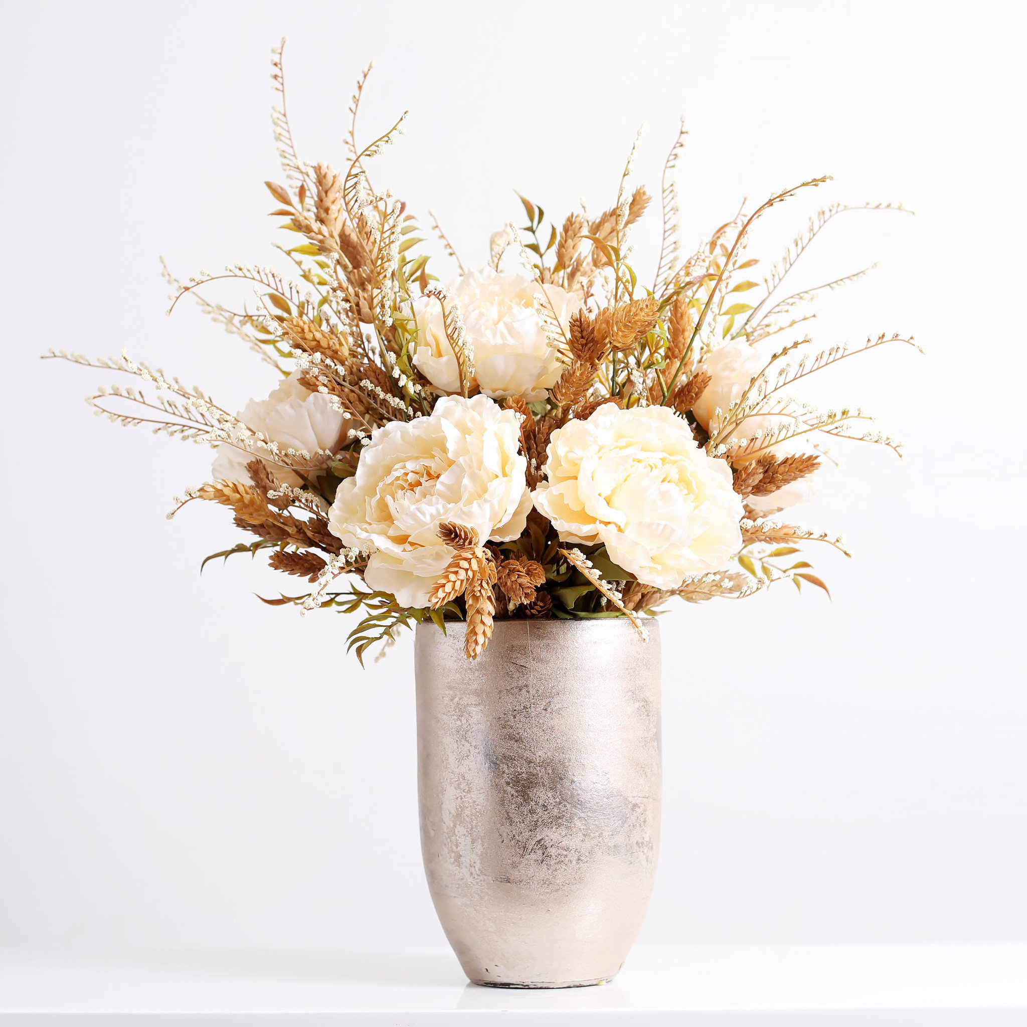 Darbycreektrading Cream Peony Hops Ruscus Fall Floral Arrangement In Gold Vase Wayfair