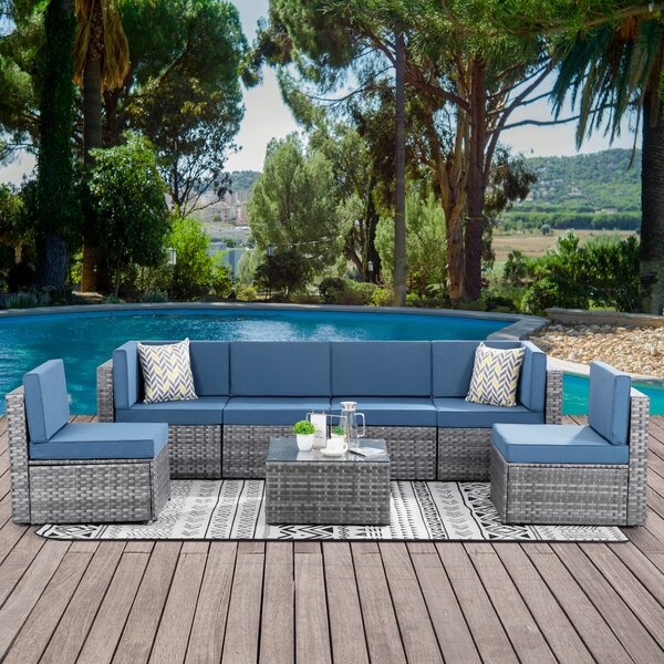 Deck or Patio Beige Cushion Backyard 7 PCS Outdoor Rattan Wicker Furniture Set Garden Patio Sectional Sofa with Cushioned Seat and Glass Coffee Table for Poolside 