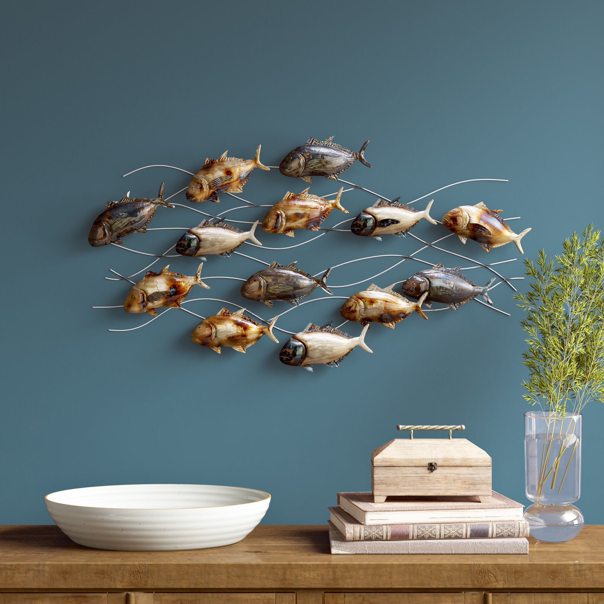 Realistic Looking Blue Brown Metal Nautical Beach House Hanging Wall Fish Decor 