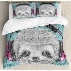 King Size Ambesonne Sloth Duvet Cover Set Hand Drawn Portrait of a Sloth with Vintage Effect Biker Rider Animal in Urban Life Decorative 3 Piece Bedding Set with 2 Pillow Shams Black Grey