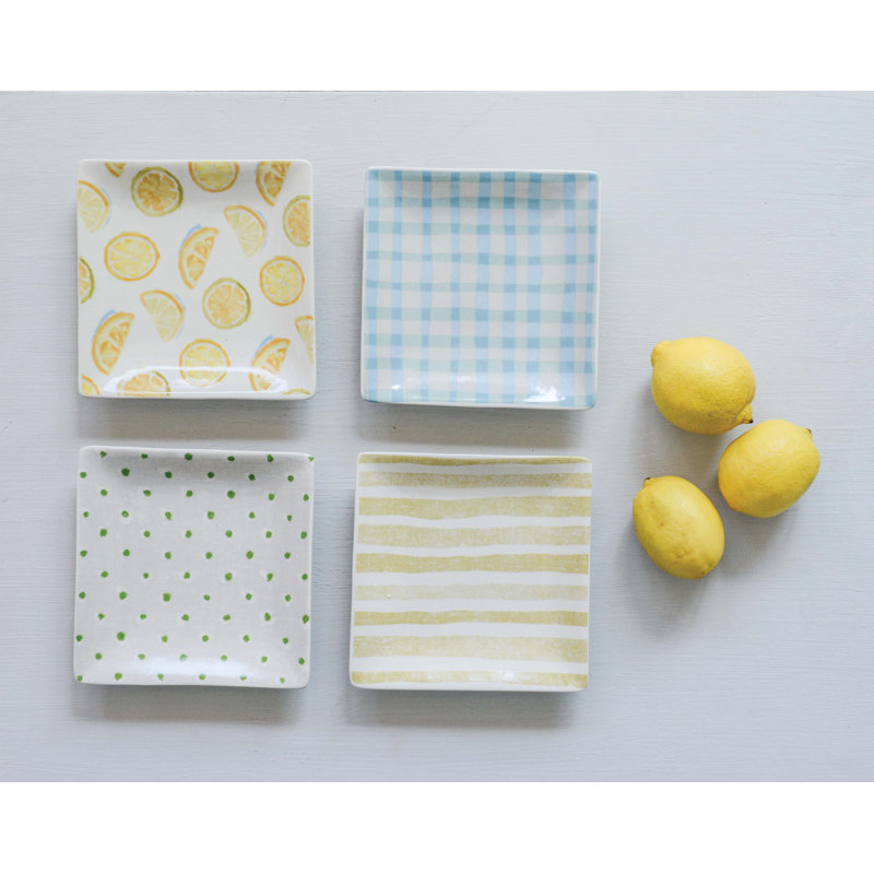 Avent Square Lemon and Patterned 4 Piece Bread and Butter Plate Set