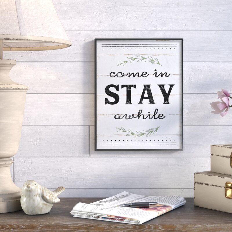 Gracie Oaks Come Stay Awhile Rosemary Typography Distressed White