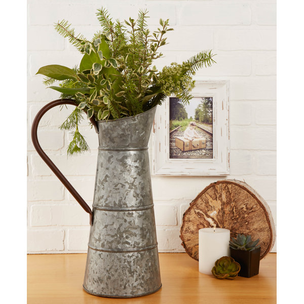Galvanized Metal Pitcher Burlap Bow Faux Flowers Vase Rustic Country Farmhouse 