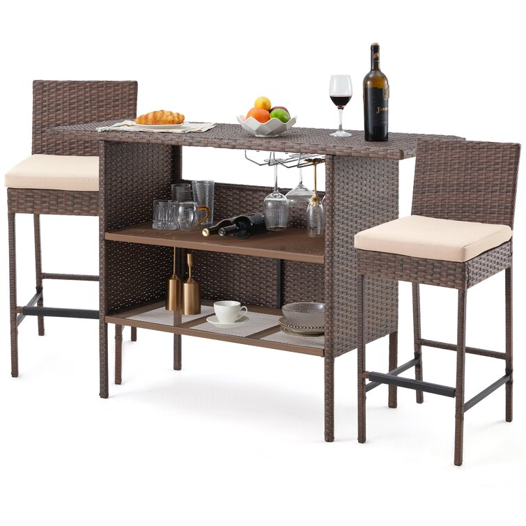 3-piece patio bar suitable for backyard porch garden. Terrace wicker rattan furniture set with stool and glass top table 3-piece outdoor bar furniture
