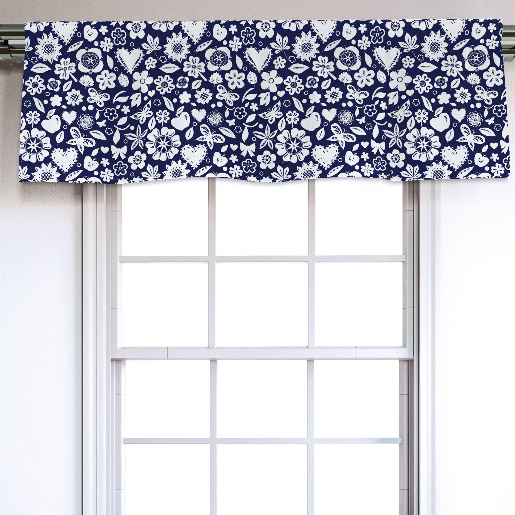 East Urban Home Floral Sateen Ruffled 54'' Window Valance in Navy Blue ...