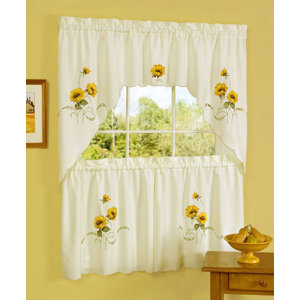Cadenville Traditional Elegance Black Eyed Susan Embroidered 2 Piece Kitchen Curtain Set