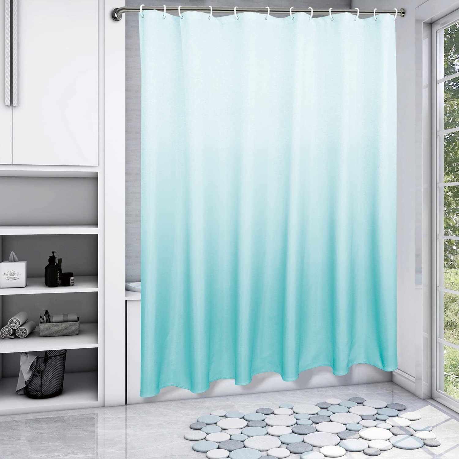 Gradient Gray Shower Curtain Liner Bath Mat Waterproof Mildew Fabric & 12 Hooks