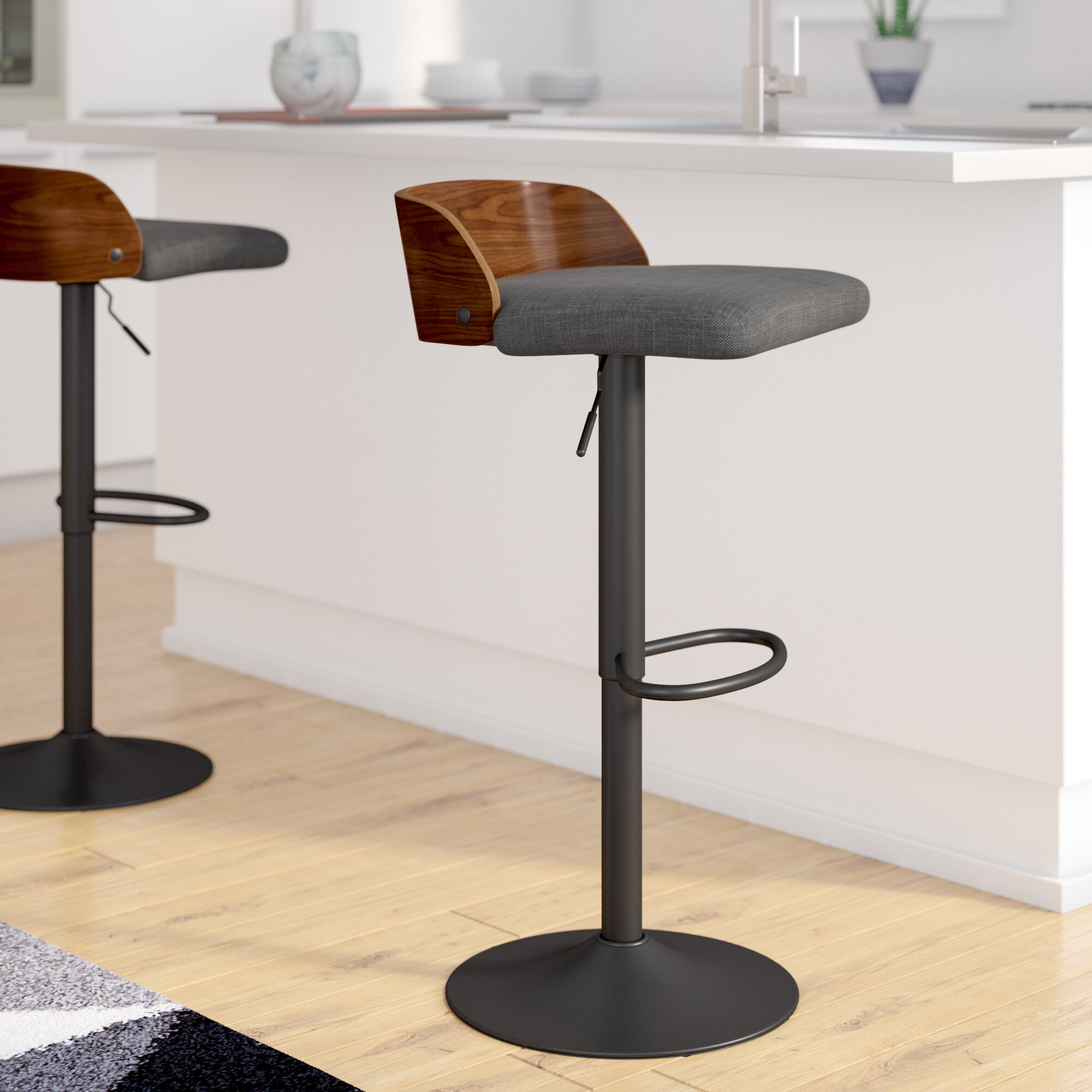 Black 360° Swivel Kitchen Stool with Footrest Chrome-Plated Steel Height Adjustable Bar Chairs in Synthetic Leather Panana Bar Stool Set of 2 