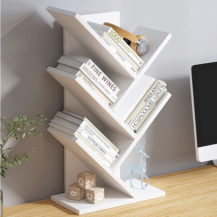 Wood Bookshelf Narrow Tall Tree Modern Open Wooden Bookcase Book Shelf Organizer
