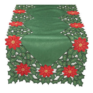 Holly Leaf Poinsettia Embroidered Cutwork Holiday Table Runner
