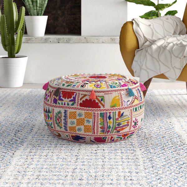 Round Footstool Ottoman Cover Pouf Floor Pouffe Cotton Tassels Draw String 