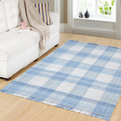 Non-Shed Classic Tartan Rug in Natural Blue Shades Durable Easy-care 